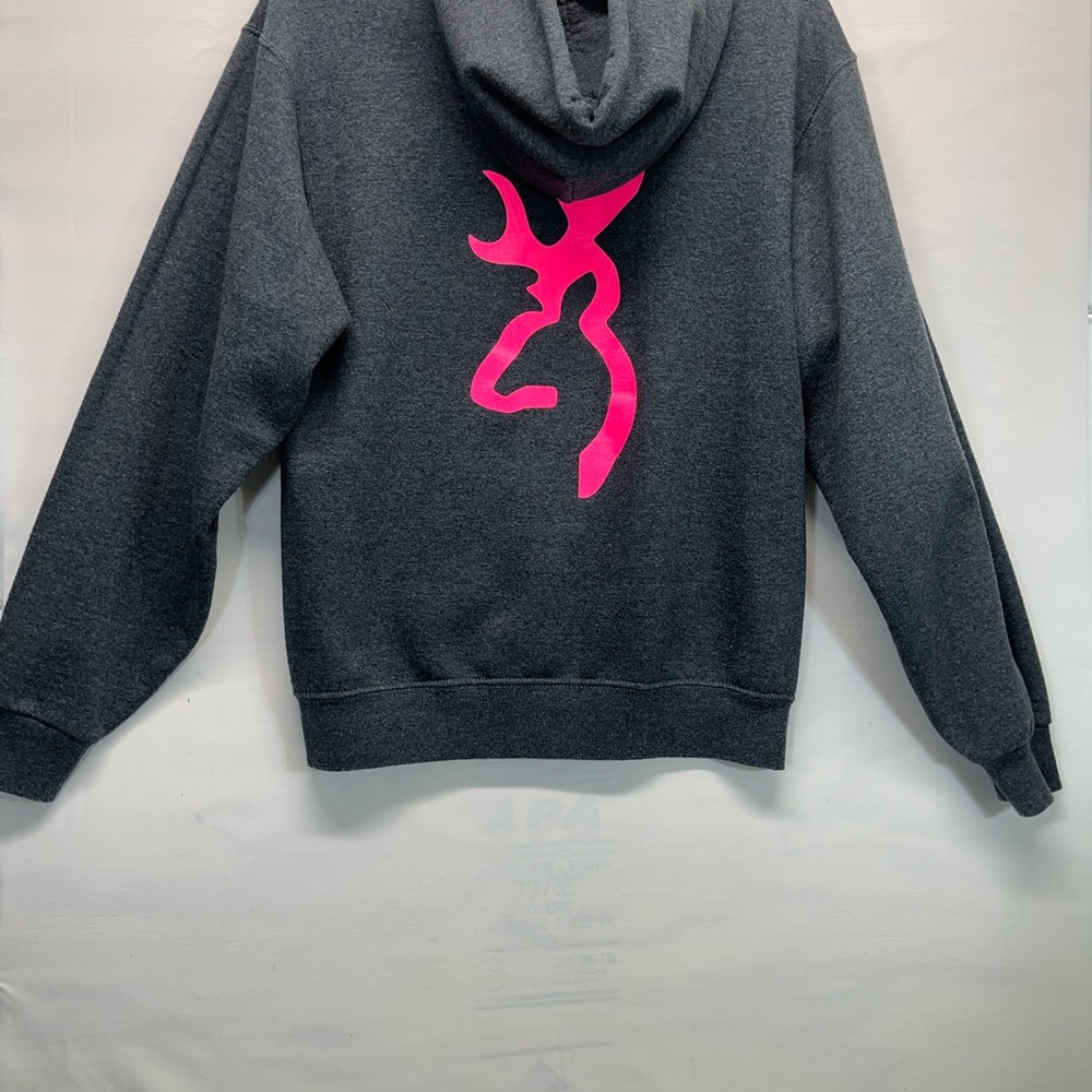 JERZEES NUBLEND HOODIE SWEATSHIRT WOMEN M GRAY PINK DEER HEAD DECAL FRONT/BACK - Picture 2 of 6